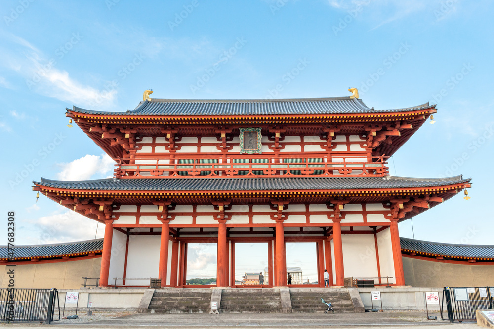 Suzaku-mon (Suzaku gate) at Nara palace site historical park (Notes: Japanese on the plate means Suzaku-mon (Suzaku gate) at Nara palace site historical park (Notes: Japanese on the plate means