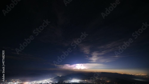 富士山から望む夜景と雷雲