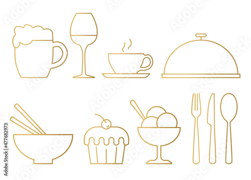 set of golden food and drink icons: beer, glass of wine, coffee cup, tray, asian dish, icecream and cutlery - vector illustration