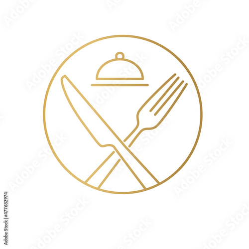 restaurant symbol, golden crossed cutlery and tray -vector illustration