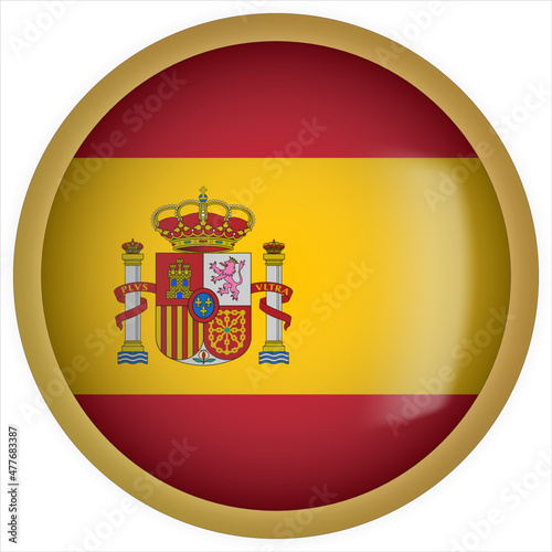 Spain 3D rounded Flag Button Icon with Gold Frame