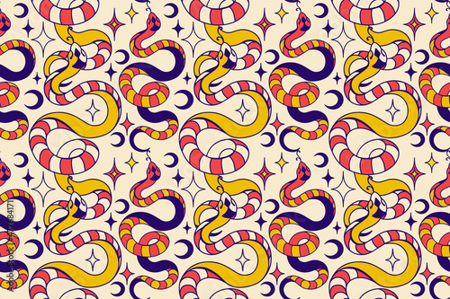 Seamless background, vintage wallpaper. Retro circus concept with snake.  Backdrop for yoga, Witchcraft, tarot, astrology.