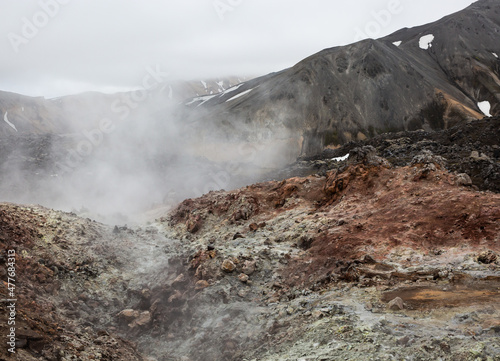  Icelandic highlands geothermal area with steam within petrified old lava flow