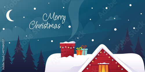 Christmas gifts on the roof. Christmas night. Vector illustration.