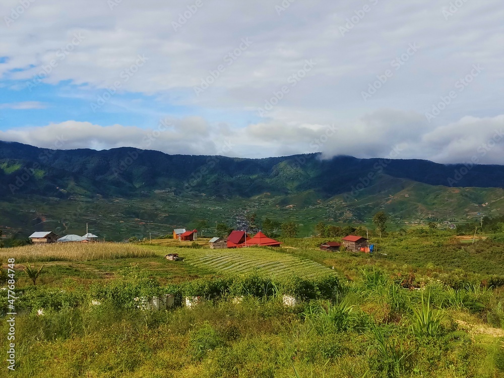 bright natural scenery consisting of sky, clouds, mountains, hills, forests, trees, grass bright natural scenery consisting of sky, clouds, mountains, hills, forests, trees, grass