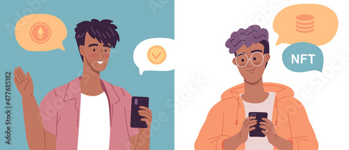 Two young men chatting and using different mobiles apps for work, pay money, safe data and create tokens 