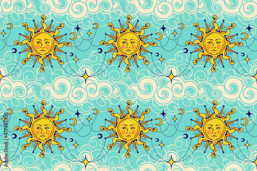 Mystery seamless background, vintage wallpaper. Celestial concept with sun.  Backdrop for yoga, Witchcraft, tarot, astrology