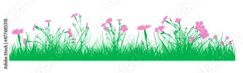 Silhouette of green grass and pink flowers. Beautiful meadow with flying butterflies. Vector illustration