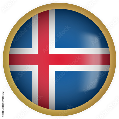 Iceland 3D rounded Flag Button Icon with Gold Frame