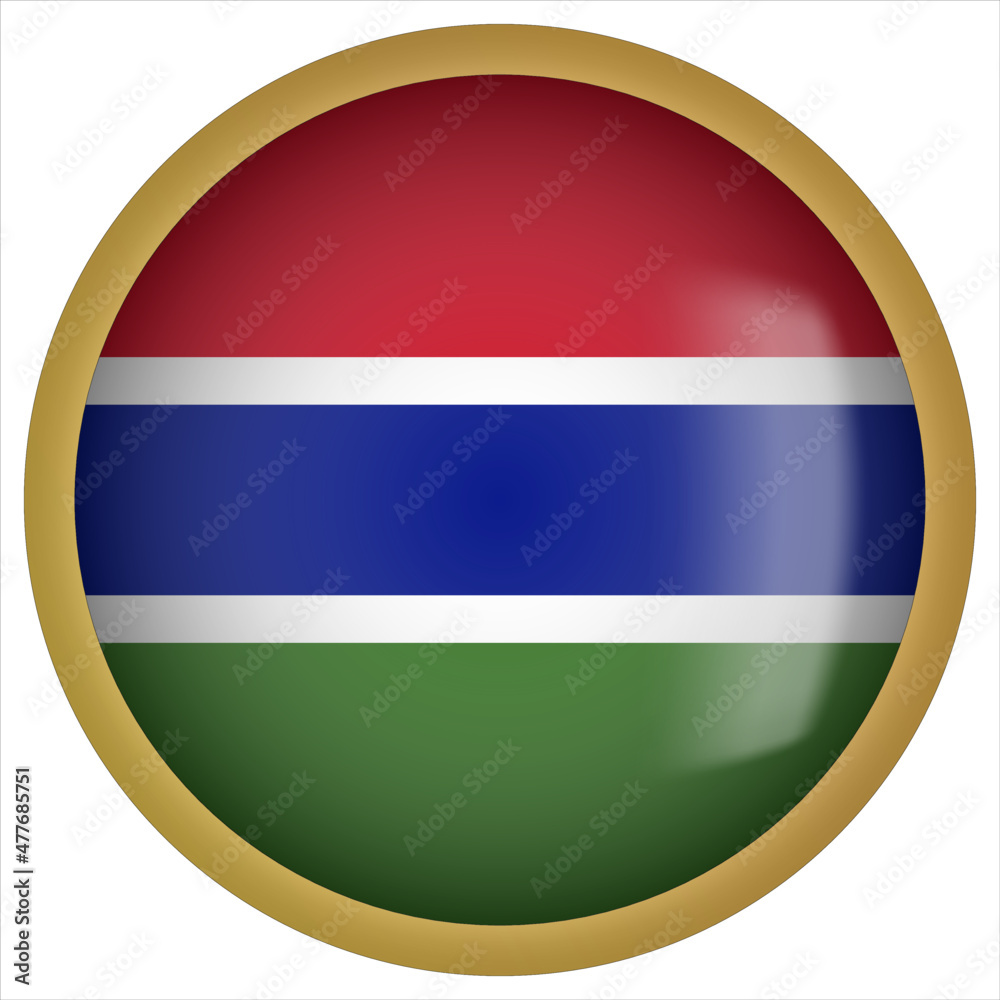 Gambia 3D rounded Flag Button Icon with Gold Frame