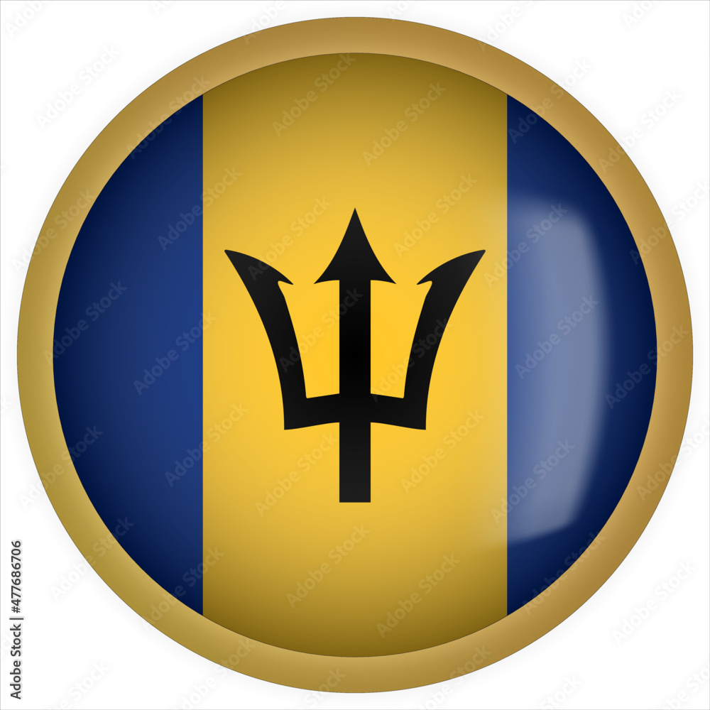 Barbados 3D rounded Flag Button Icon with Gold Frame