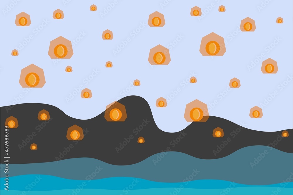 Night sky lights vector landscape illustration. Obon festival Japan with sky lanterns landscape. Sea with hill tracts vector illustration. Chinese Ghost festival conceptual background design. Night sky lights vector landscape illustration. Obon festival Japan with sky lanterns landscape. Sea with hill tracts vector illustration. Chinese Ghost festival conceptual background design.