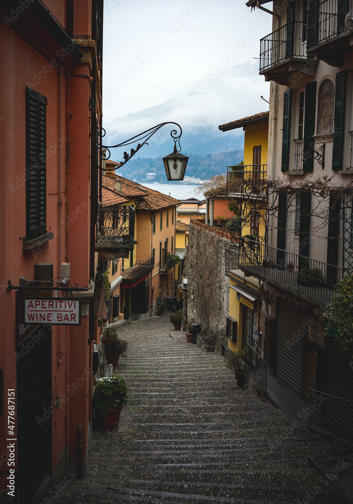 Cobbled lanes in the town of Bellagio on the the bank of Lake Como in Italy.