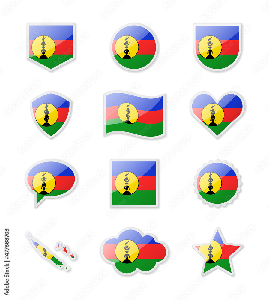 New Caledonia - set of country flags in the form of stickers of various shapes. New Caledonia - set of country flags in the form of stickers of various shapes.