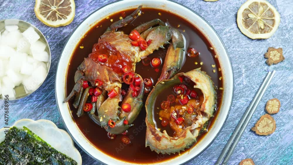 Korean Soy Sauce Pickled Crab, Fresh raw crabs marinated in a mild soy