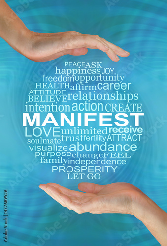 Words associated with Manifesting what you want -  circular word cloud relevant to MANIFEST on a turquoise blue matrix background with a hand above and a hand below the circle
