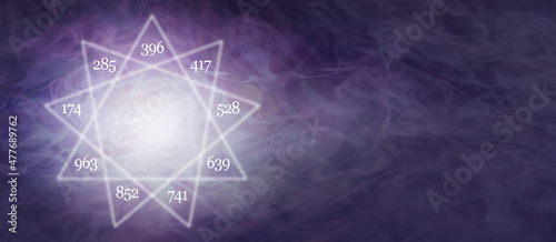 Solfeggio nine pointed star message banner - ethereal flowing purple energy background with a 9 point star containing the nine solfeggio frequencies and copy space for messages 