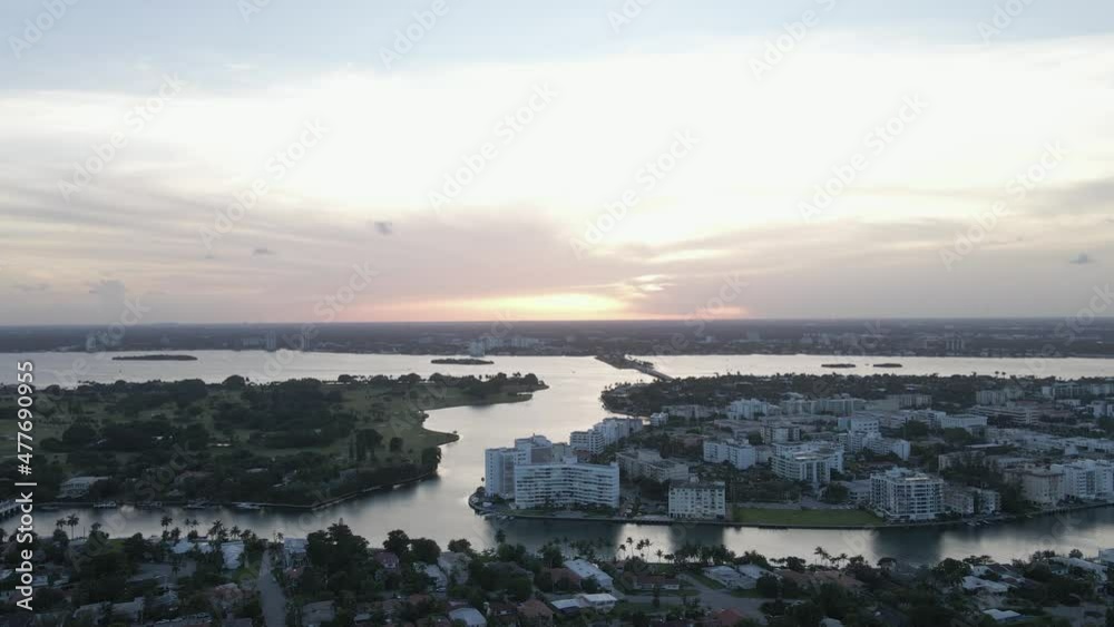 Silver dusk sunset aerial flight to Indian Creek at Surfside, Florida Silver dusk sunset aerial flight to Indian Creek at Surfside, Florida