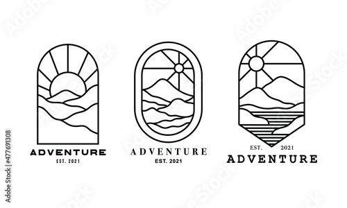 the badge set for adventure or outdoor logo. a logotype collection with landscape illustration. a template for labels, business logo, clothing design, etc.