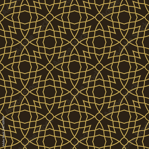 Abstract background image with golden linear ornament on black background in modern style. Fabric texture swatch, seamless wallpaper. Vector illustration