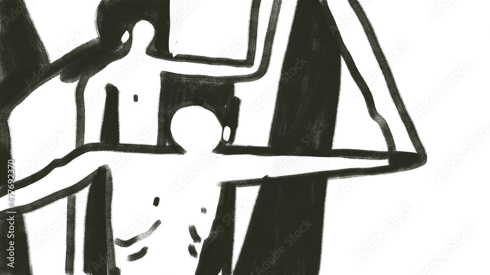 Weird semi-abstract nude people, skinny body and thin arms, black line