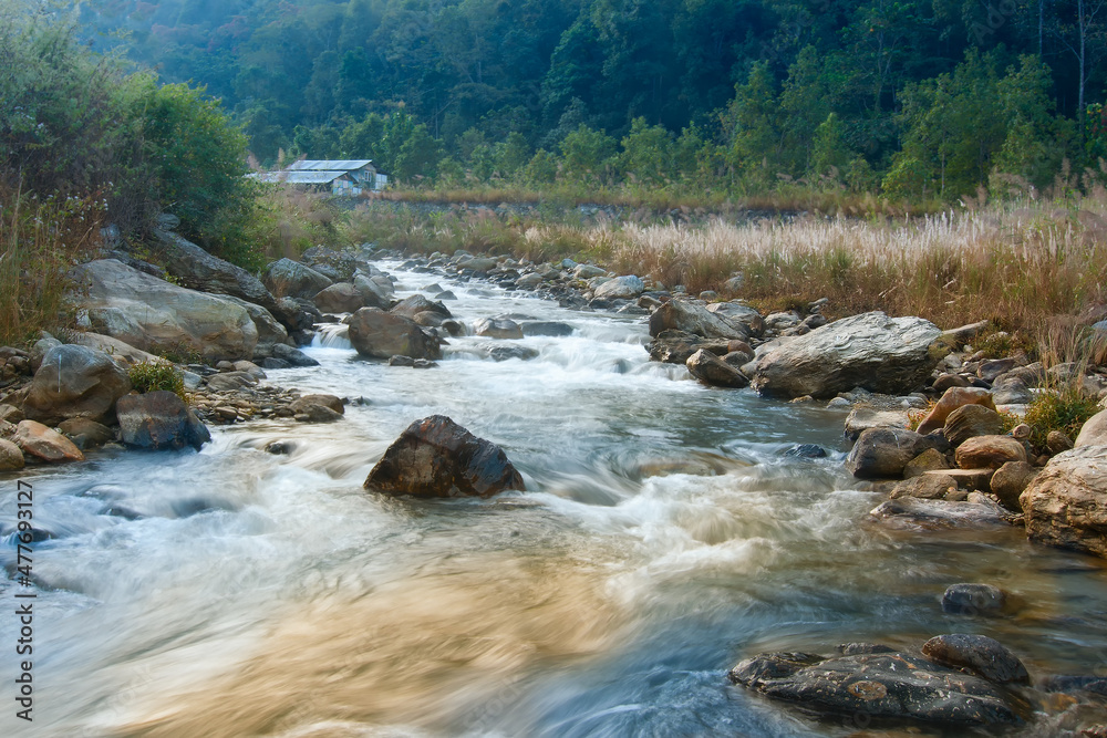 Beautiful Reshi River water flowing through stones and rocks at dawn, Sikkim, India. Reshi is one of the most famous rivers of Sikkim flowing through the state and serving water to many local people. Beautiful Reshi River water flowing through stones and rocks at dawn, Sikkim, India. Reshi is one of the most famous rivers of Sikkim flowing through the state and serving water to many local people.