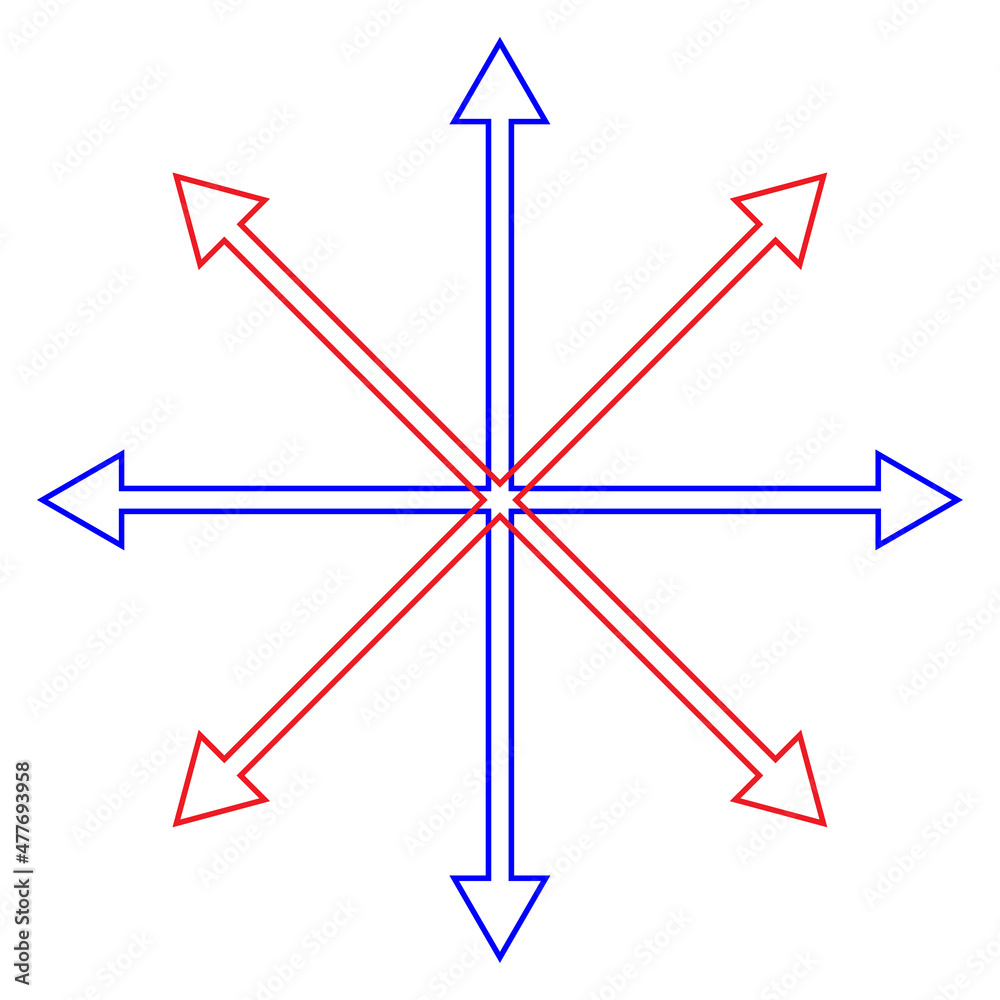 Arrow icon. Compass direction. Red and blue signs. Map symbol. Star shape. Line art. Vector illustration. Stock image. 