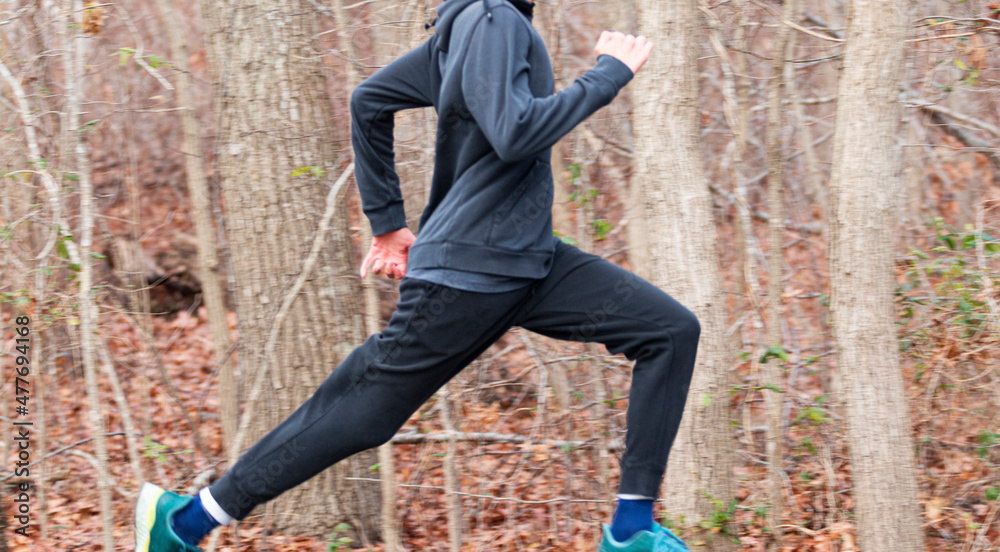Fast runner running in the woods with a blurred background Fast runner running in the woods with a blurred background