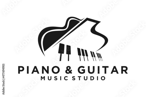Guitar Strings and Piano Key Music Instrument logo design