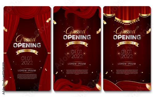 Grand opening elegant luxury banner social media stories template with red curtain, golden confetti, swirl silk. photo