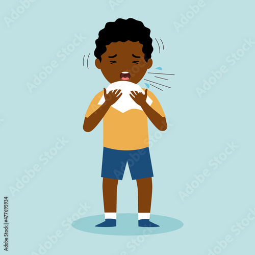 African boy children suffering from flu. Sick kids sneezing in handkerchief or tissue paper. Flu or cold allergy symptom cartoon. Influenza treatment. COVID-19 Coronavirus infection.