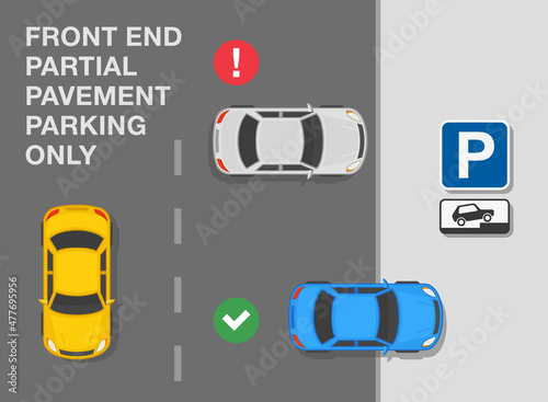 Outdoor parking rules. Top view of a correct and incorrect parked cars on a city parking. "Front end partial pavement parking only" sign meaning. Flat vector illustration template.
