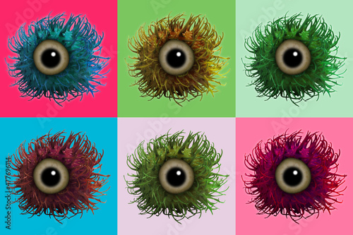 Six Microscopic COVID pathogens as eyes displayed like a portrait.