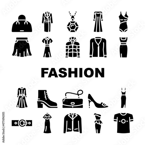 Fashion Store Garment And Shoes Icons Set Vector. Fashion Store Selling Dresses Evening Gowns And Jacket, T-shirt And Coats, Woman Bag And Belt Accessories Glyph Pictograms Black Illustrations