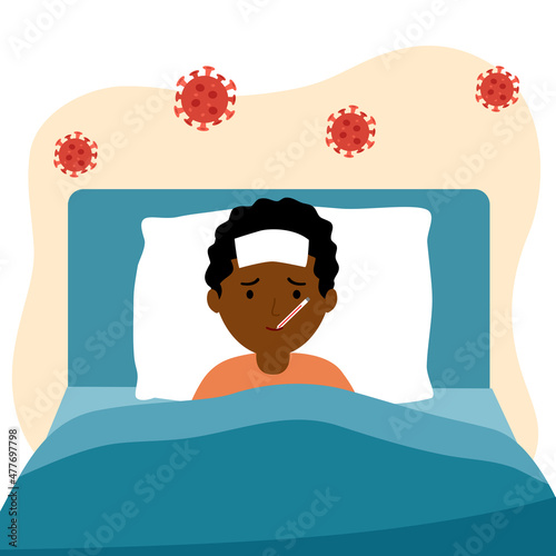 African children suffering from flu in bed under blanket. Sick kids has fever and take thermometer in mouth. Flu or cold allergy symptom cartoon. Influenza treatment. COVID-19 Coronavirus infection.