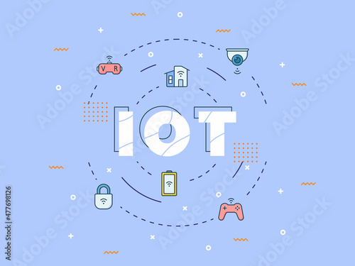 iot internet of things concept with big text on center and icon spread around with modern flat style