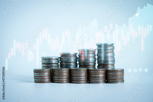 Rows of money coins for growing growth financial and business background. Savings and Accounts, Finance Banking Business Concept Ideas, Investments, Funds, Bonds, Dividends and Interest.