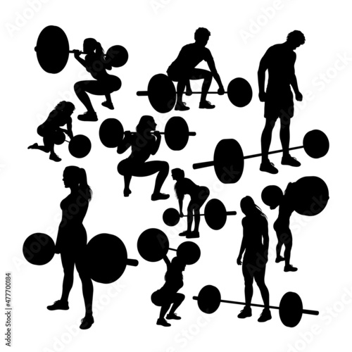 Gym exercise with barbell silhouettes. Good use for symbol, logo, mascot, icon, sign, or any design you want.