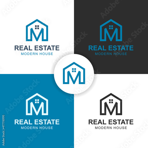 letter M building house logo design for modern real estate logo design with simple line