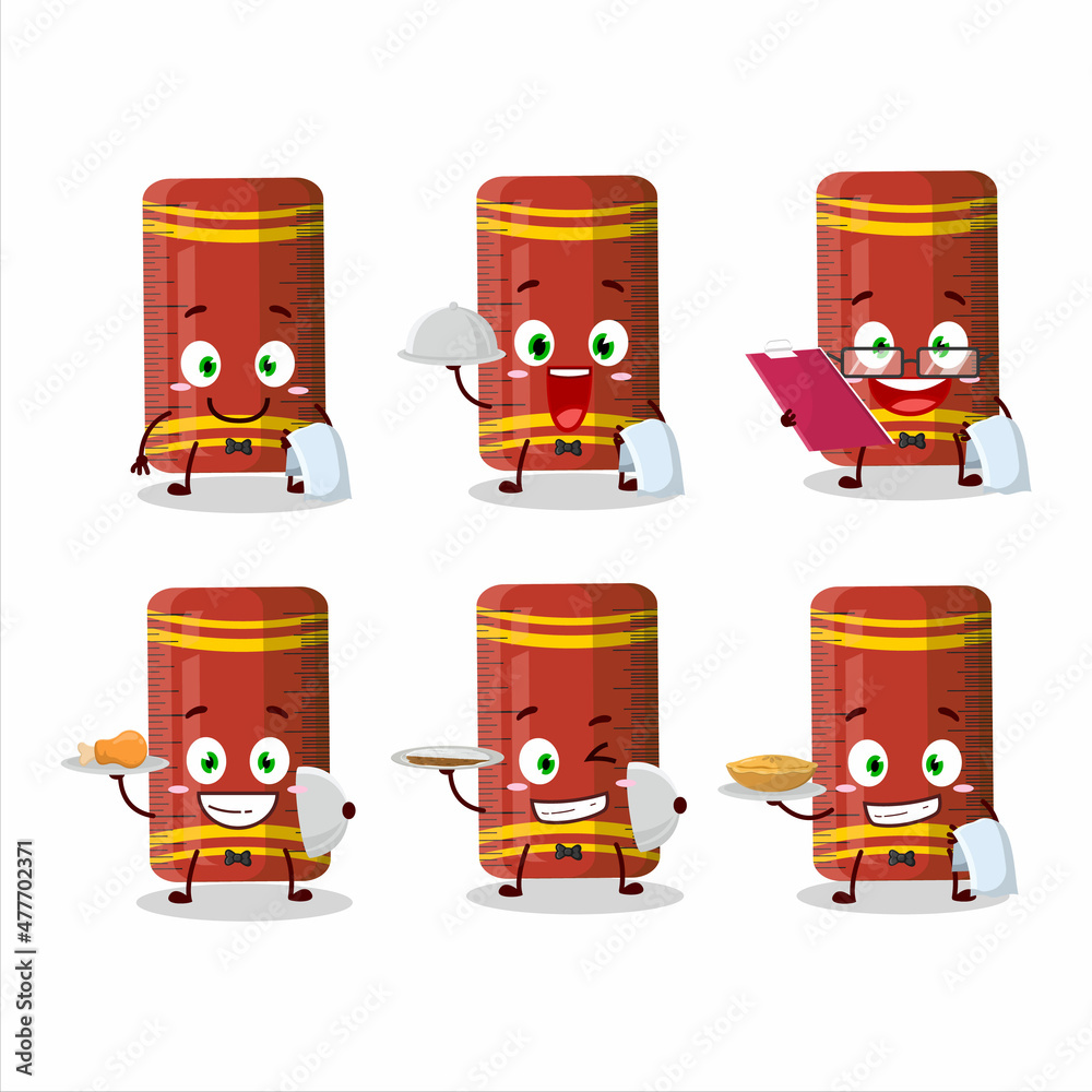 happy red ruler waiter cartoon character holding a plate
