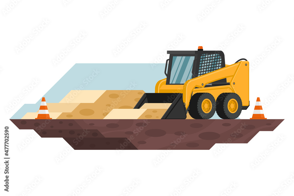 skid steer loader with safety cones in construction and mining work with heavy machinery 3d