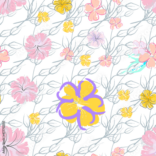 Pink Flowers Blooming Pattern. Pastel Watercolor.