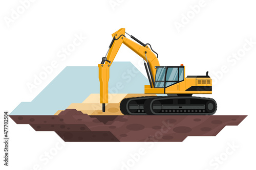 crawler hammer excavator in construction and mining work with heavy machinery 3d