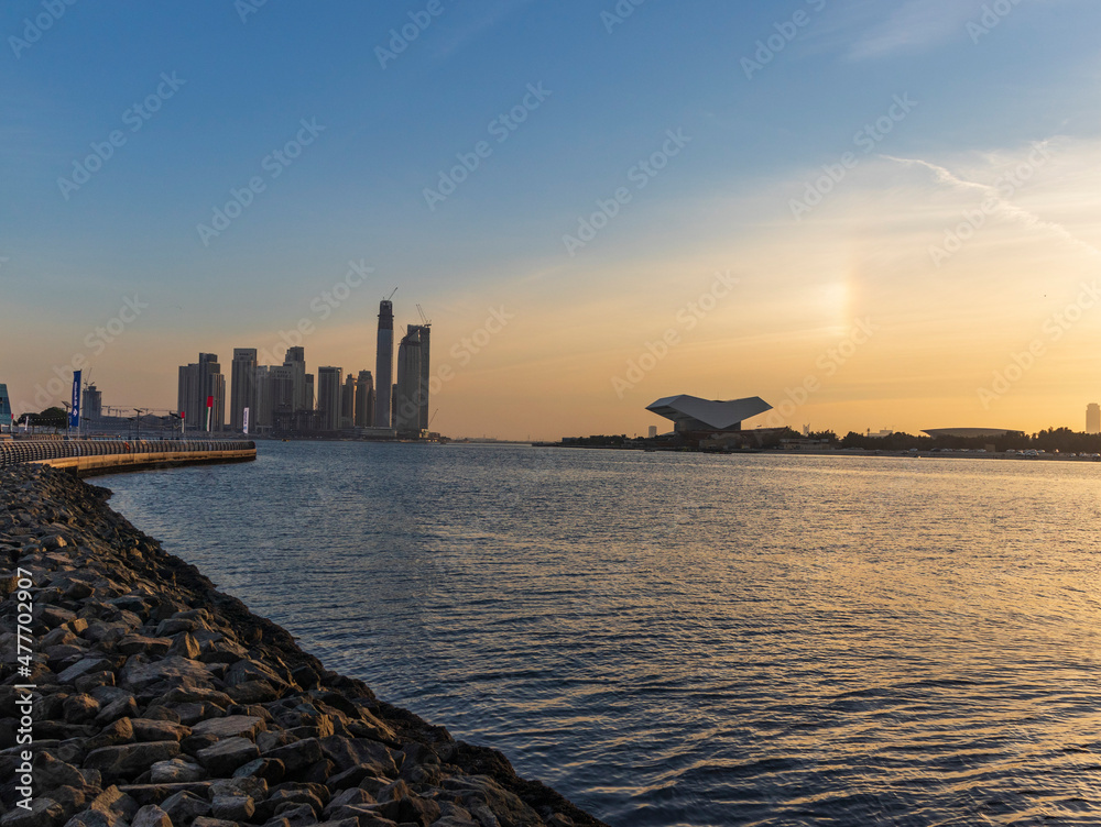 Dubai, UAE - 12.20.2021 Cityscape at the sunset. City