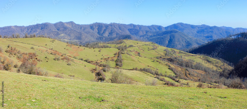 Mountains with green meadows.