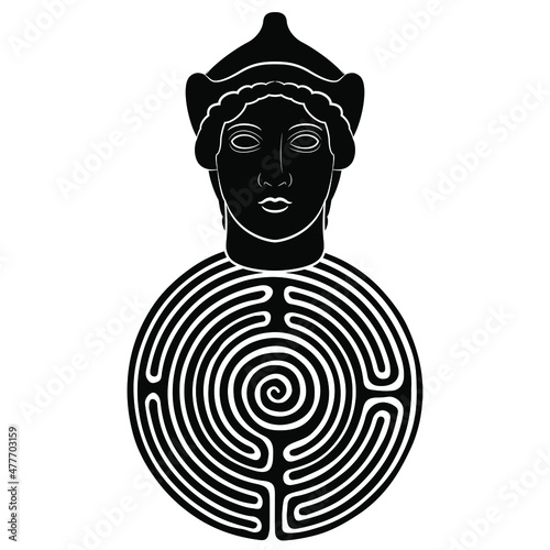 Round spiral maze or labyrinth symbol with head of ancient Greek goddess Athena Pallas. Black and white negative silhouette. Creative feminist concept.