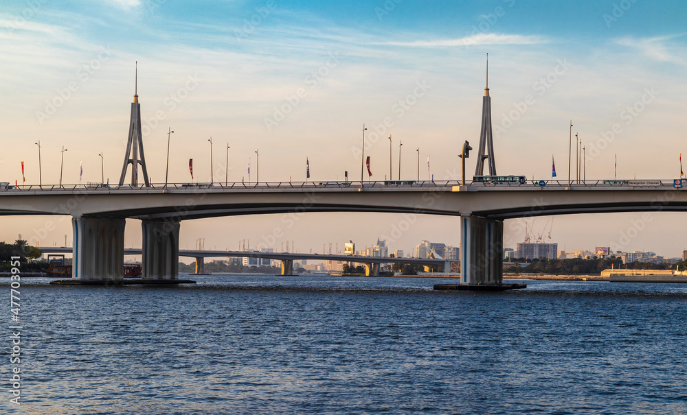 Dubai, UAE - 12.20.2021 Business bay crossing bridge. City