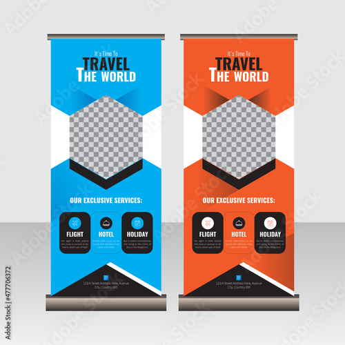 Tour and travel roll-up stand banner vector template. Roll up banner for travel agencies or airlines. Travel Advertisement, display, pull up, x-stand, flag-banner