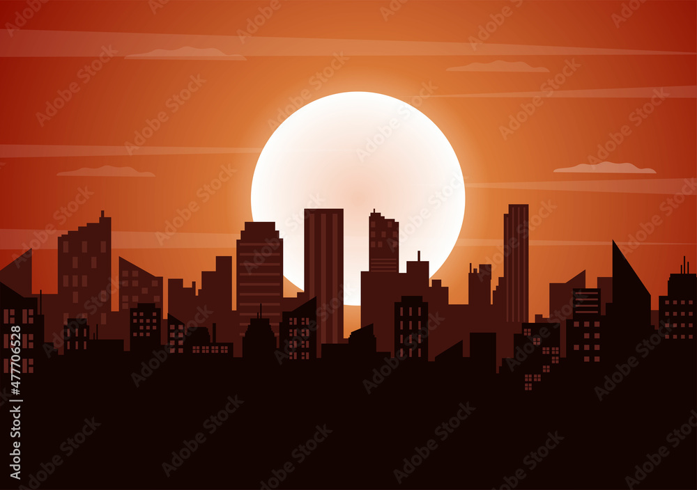 Sunset Modern City Skyline Landscape with Orange Sky of Town Buildings and Cityscape Sky in Flat Illustration for Poster, Banner or Background