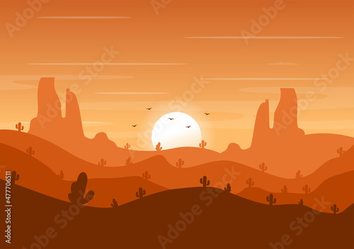 Sunset Landscape of Mountains  Hill  Wilderness  Sands  Lake and Valley in Flat Wild Nature for Poster  Banner or Background Illustration